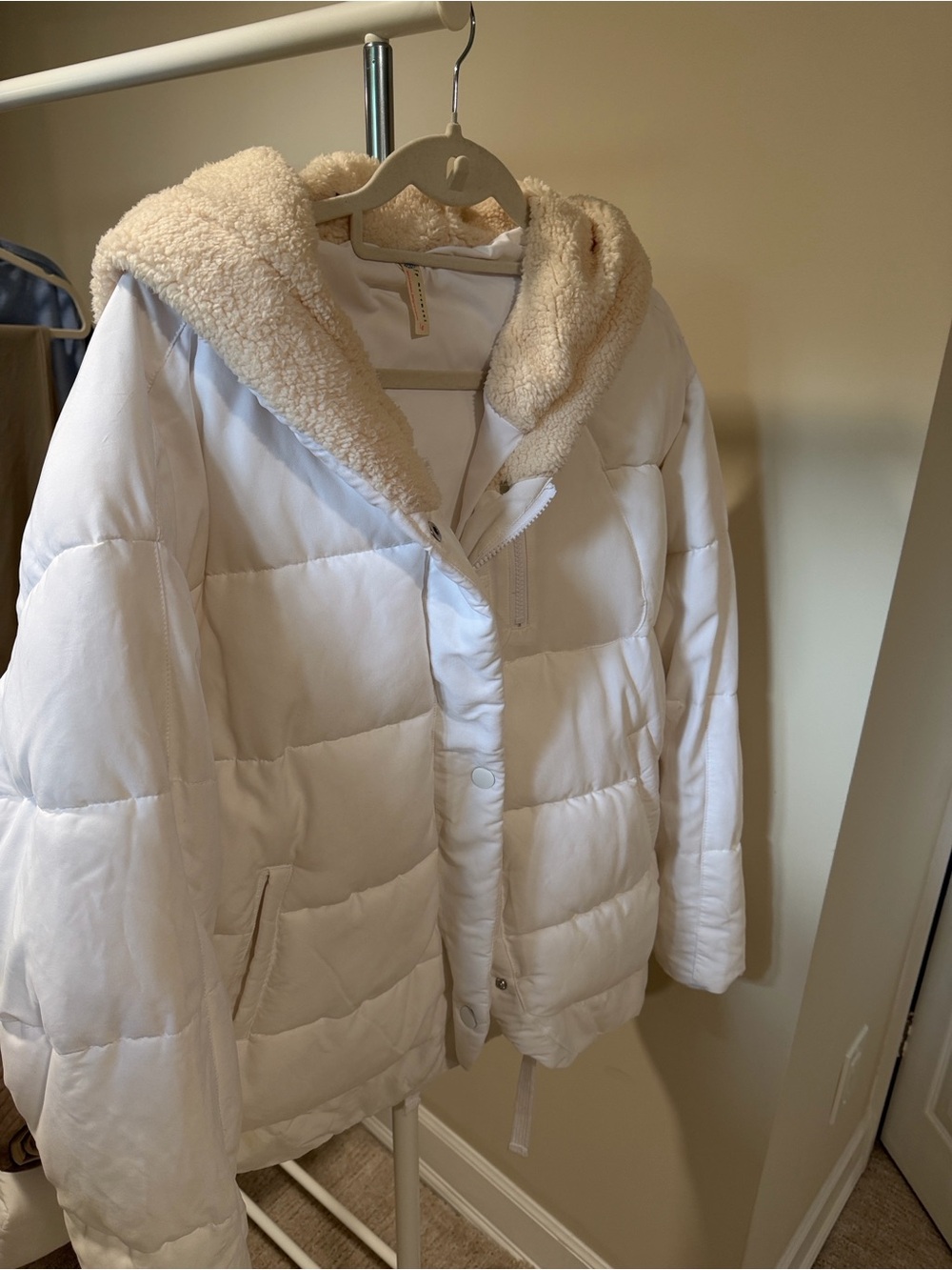 Free People Cream Hooded Sherpa-Trim Puffer Jacket